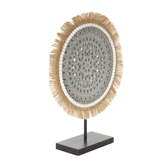 17.75" Gray Wooden Tribal Handmade Seagrass Fringed Decorative Sculpture with Black Base